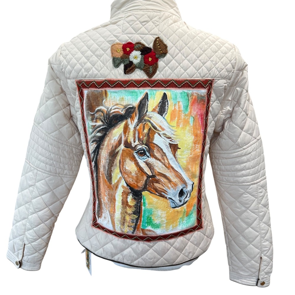 Lesal Upcycled Quilted Horse Jacket Women Large Cream Hand Painted One of a Kind